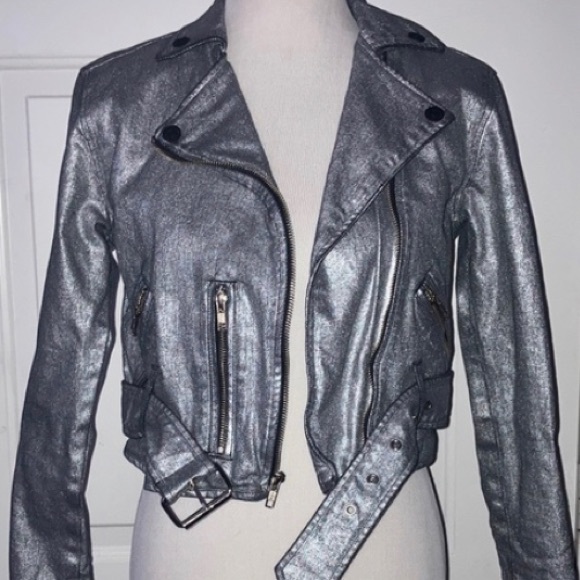 Mother Denim Friday Night Freestyle Metallic Silver Coated Moto Jacket XS - Picture 7 of 12